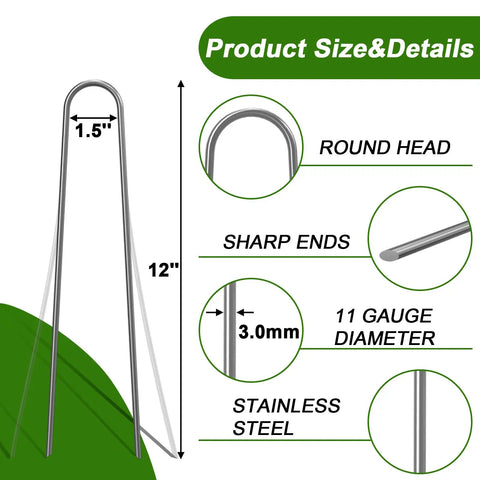 12 Inch Garden Stakes Set Of 50 Heavy Duty Galvanized Ground Spikes with dimensions and material details