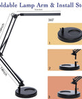 LED Desk Lamp With Clamp And Round Base Go To Swing Arm Eye Caring Table Light Three Color Modes Ten Brightness Levels Memory Function USB Powered 14W Office Desk Lamp Black installation instructions with dimensions
