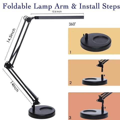 LED Desk Lamp With Clamp And Round Base Go To Swing Arm Eye Caring Table Light Three Color Modes Ten Brightness Levels Memory Function USB Powered 14W Office Desk Lamp Black installation instructions with dimensions