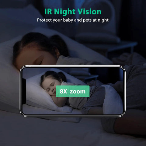 1080P Baby Monitor And Indoor Security Camera With WiFi Night Vision Motion Detection 2-Way Audio showing sleeping child on phone