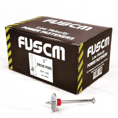 Three Inch Powder Actuated Fasteners With One Inch Washer Drive Pins PW300 100 Pack For Concrete Masonry And Steel box with pin