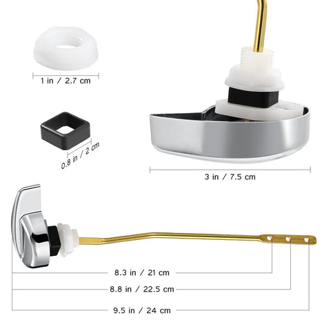 Side Mount Toilet Flush Lever Handle Replacement For Most Toilet Tanks Universal Zinc Alloy Lever With Silver And Gold Finish Dope Upgrade For A Cleaner Modern Look, detailed view with measurements for installation.
