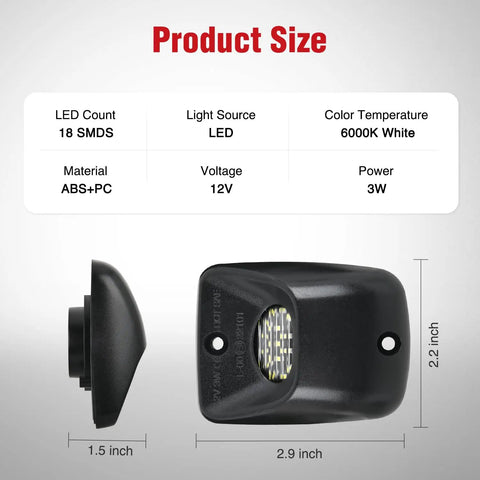 License Plate Lights For Toyota Tacoma 1995 1996 1997 1998 1999 2000 2001 2002 2003 2004 Black Housing 6000K White LED 2 Pack Non Polarity Plug And Play product size and specifications