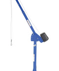 Workhorse 115 Volt Power Lift Jib Crane Built Tough with blue steel frame, adjustable boom, and lifting winch, side view.