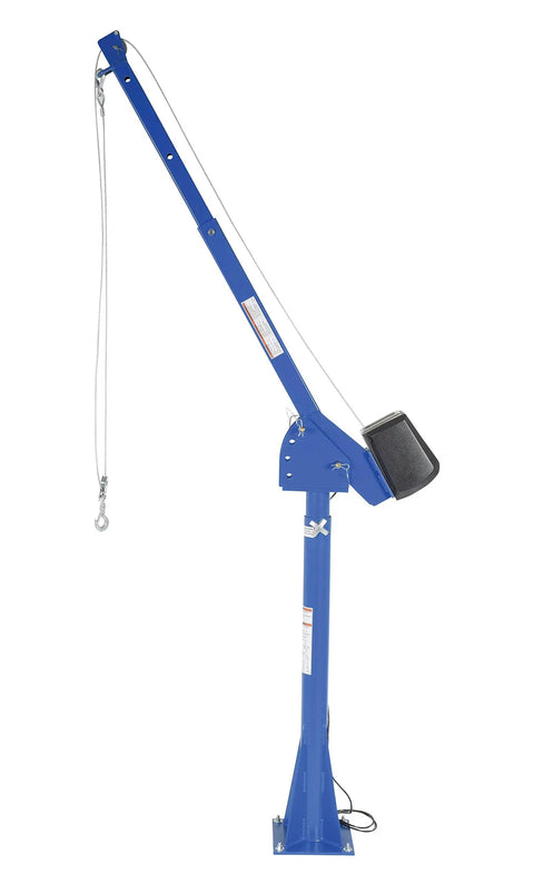 Workhorse 115 Volt Power Lift Jib Crane Built Tough with blue steel frame, adjustable boom, and lifting winch, side view.