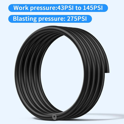 Close-up of black hose with text showing work pressure 43PSI to 145PSI and blasting pressure 275PSI. Six Piece Silicone Vacuum Hose Kit High Performance Tubing Set For Automotive And HVAC 130 PSI Max 5 Feet Each Inner Diameters 1/8, 5/32, 3/16, 1/4, 5/16, 3/8 Inches Black.