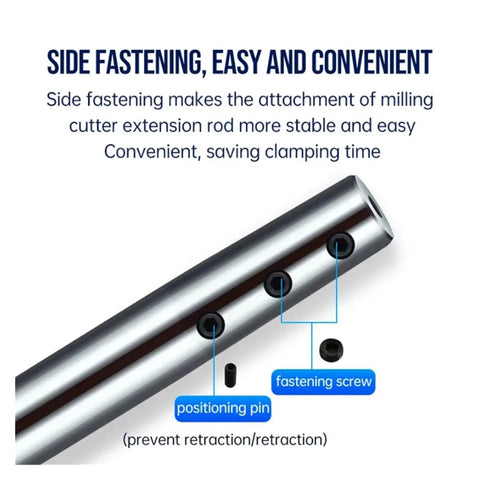 Close-up of One Piece Rock Solid Seismic Side Fixed Extension Rod Built Like A Tank For Mills Lathes And CNC Gear highlighting side fastening features.