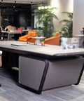 Spacious Executive Computer Desk Crafted From Legit Solid Wood With Sleek Lacquer Finish Adjustable Standing Workstation, featuring a wide frame.