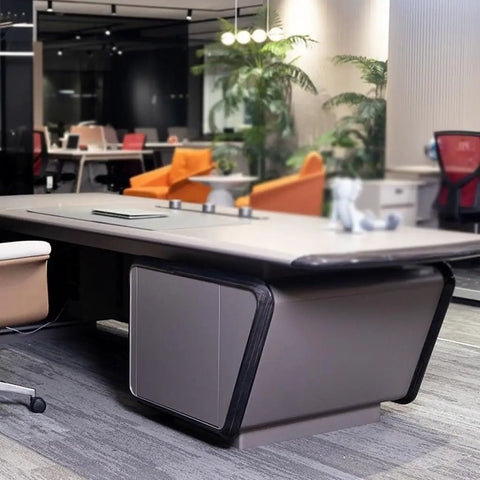 Spacious Executive Computer Desk Crafted From Legit Solid Wood With Sleek Lacquer Finish Adjustable Standing Workstation, featuring a wide frame.