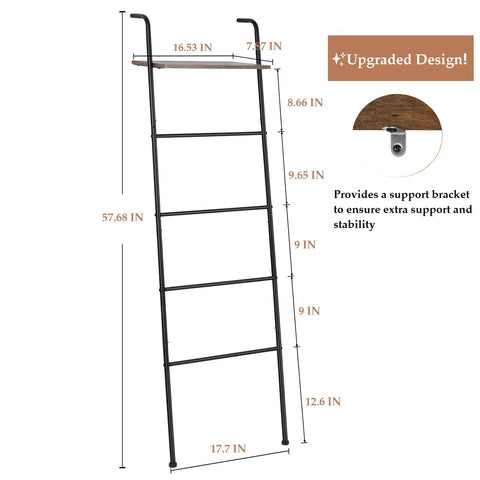 Versatile Blanket And Towel Ladder With Shelf Wall Leaning Black Iron Rack showing dimensions and upgraded support design