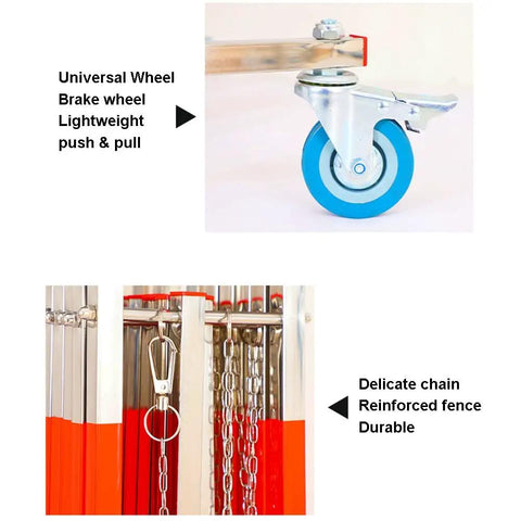 Built Different Stainless Steel Retractable Crowd Control Fence With Fast Roll Wheels Heavy Duty Expandable Mobile Safety Barrier Gate For Construction Zones Now, featuring universal brake wheels and reinforced chain.