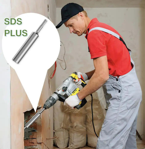 Worker using a rotary hammer with Ground Rod Driver For SDS Plus Rotary Hammer Bits 5/8 Inch And 3/4 Inch for drilling.