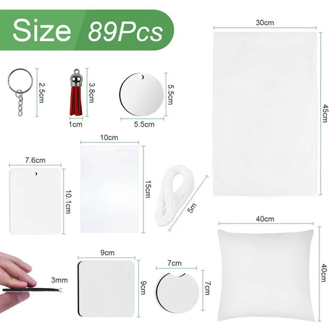 89Pcs Sublimation Blanks Kit For DIY Heat Press Projects including various sizes of coasters, keychains, pillow covers, and more.