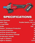 M18 Cordless Brushless Grinder Kit Featuring 5/8-11 Spindle And Anti-Vibration Side Handle With Paddle Switch Design For 4-1/2 And 5 Inch Grinding Applications Overload Guard Is Top Tier Stuff specifications including size, switch type and features.