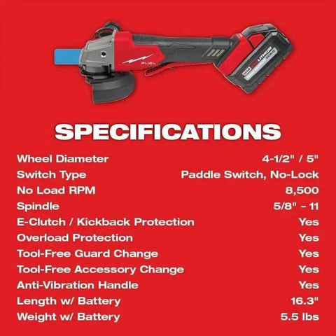 M18 Cordless Brushless Grinder Kit Featuring 5/8-11 Spindle And Anti-Vibration Side Handle With Paddle Switch Design For 4-1/2 And 5 Inch Grinding Applications Overload Guard Is Top Tier Stuff specifications including size, switch type and features.