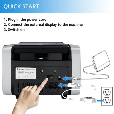 Back view of Money Counter Machine With UV MG IR Counterfeit Detection showing setup with power cord and external display connection.