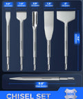 SDS Plus 6 Piece Chisel Set Heavy Duty Rotary Hammer Chisels For Demolition And Home Improvement Includes Tile Grooving Scraping Flat Point Scaling Chisels Built With 40Cr Steel.