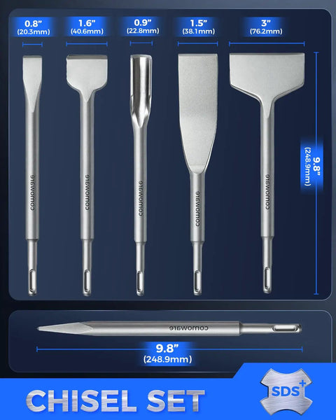 SDS Plus 6 Piece Chisel Set Heavy Duty Rotary Hammer Chisels For Demolition And Home Improvement Includes Tile Grooving Scraping Flat Point Scaling Chisels Built With 40Cr Steel.
