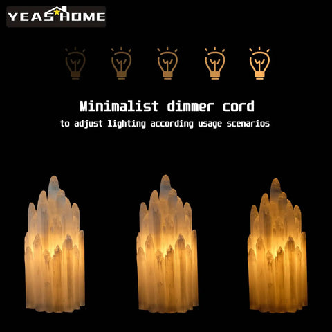 Handcrafted Selenite Lamp With Mountain Peak Design, dimmable bedside night light showcasing minimalist dimmer cord