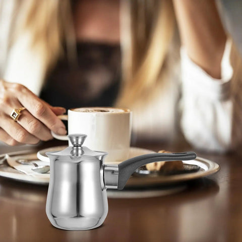 6 Ounce Turkish Coffee Pot With Lid Stainless Steel Saucepan Coffee Maker Mini Butter Melter For Stove Top on table