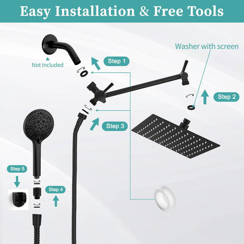 Installation steps for High Pressure Rain Shower Head With Handheld Spray, 10 Inch Shower Head With 11 Inch Extension Arm, black.