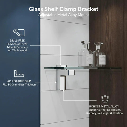 Compact Metal Alloy Clamp Bracket For Glass Shelves Adjustable Drill Free Mount For Bathroom And Display Cabinets in tiled kitchen