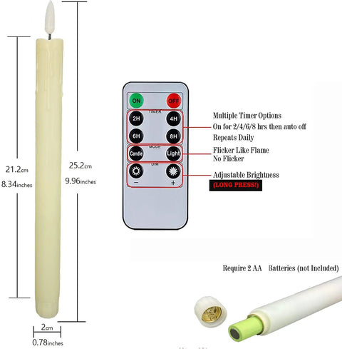 Battery Operated Flameless Taper Candles With Remote And Timer, Realistic 3D Flickering Flame, Ivory Dripless Floating Window Candles For Home Decor, Safe LED Candles That Create A Cozy Ambience And A Lit Vibe shown with control