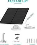 5W Outdoor Solar Panel For Battery-Powered Security Cameras With Micro USB And USB-C, DC 5V Recharge, shown with accessories.