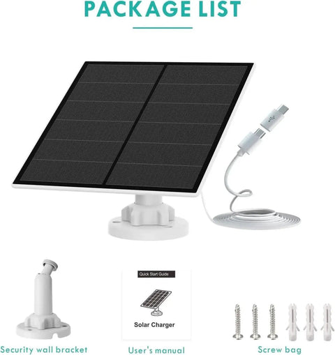 5W Outdoor Solar Panel For Battery-Powered Security Cameras With Micro USB And USB-C, DC 5V Recharge, shown with accessories.