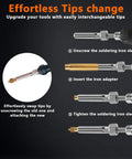 Diagram showing steps to change soldering iron tips with 7 Heat Set Insert Tips And 1 Soldering Iron Adapter for brass inserts.