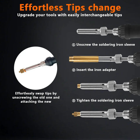 Diagram showing steps to change soldering iron tips with 7 Heat Set Insert Tips And 1 Soldering Iron Adapter for brass inserts.