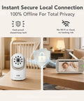 Patented Active Noise Reduction 5 Inch HD Video Baby Monitor With One Camera No Wifi Hack Proof, displaying camera and monitor with lock symbol.