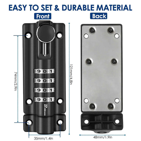 Tough As Nails Four Digit Combination Sliding Bolt Lock For Outdoor Gate Shed And Garage, Black finish design showing front and back views.