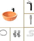 Round Sink Bowls For Bathroom Vessel Sink, 15.7 Inch Ceramic Vessel Sink With Faucet And Drainer Above Counter Bathroom Vanity Sink Bowl Art Wash Basin and plumbing accessories.