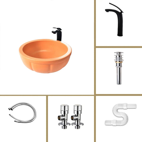 Round Sink Bowls For Bathroom Vessel Sink, 15.7 Inch Ceramic Vessel Sink With Faucet And Drainer Above Counter Bathroom Vanity Sink Bowl Art Wash Basin and plumbing accessories.
