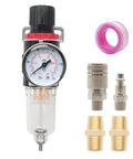 1/4 Inch NPT AFR2000 Air Compressor Filter Regulator Combo with brass fittings, pressure gauge, and pink tape