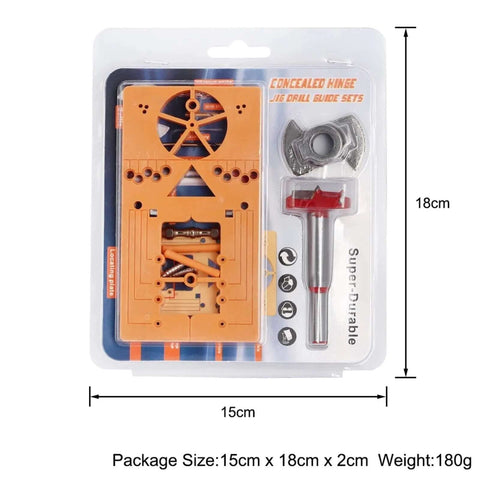 Concealed hinge jig drill guide set in orange plastic with metal drill bit and red guide piece in blister pack