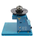 Compact Rotary Welding Positioner Turntable With Three Jaw Chuck viewed from the side, showcasing adjustable tilt design and stable base.