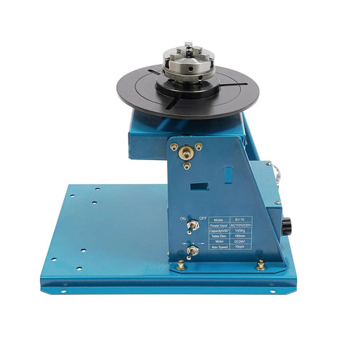 Compact Rotary Welding Positioner Turntable With Three Jaw Chuck viewed from the side, showcasing adjustable tilt design and stable base.