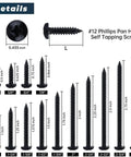 Pro Grade Phillips Pan Head Self Tapping Screws, Black Coated 304 Stainless Steel Tek Fasteners in various sizes.