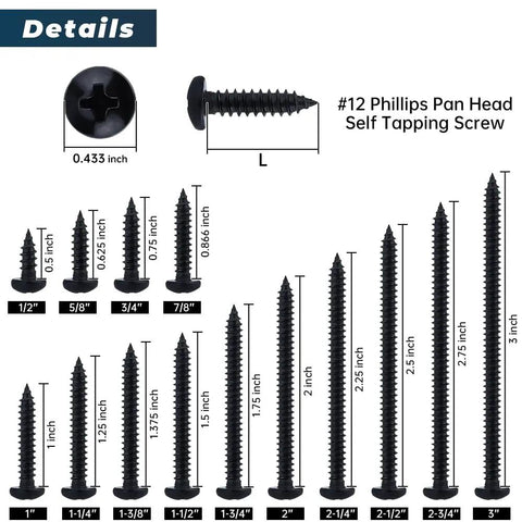 Pro Grade Phillips Pan Head Self Tapping Screws, Black Coated 304 Stainless Steel Tek Fasteners in various sizes.