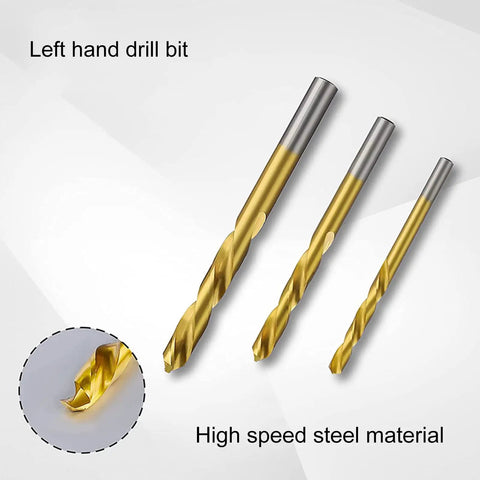 Heavy Duty 10 Piece Screw Extractor Set With Left Hand Drill Bits Perfect For Breaking Loose Stripped Or Broken Screws In Metal And Wood Surfaces Including CR MO Spiral Flute Bits Plus Storage Box For Easy Garage And Shop Jobs, HSS left hand drill bits