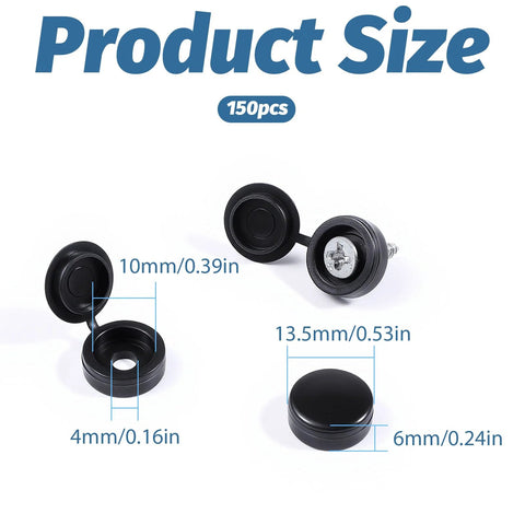 150 Pack Black Plastic Screw Caps For Covering Screw Heads Fits Size 6 And Size 8 Screws M3 M4 with labeled dimensions