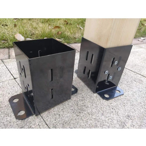 4x4 Wood Fence Post Base Brackets Beefy Built Heavy Duty Powder Coated 13 Gauge Steel Anchor Set on concrete surface