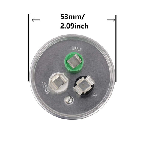 Dual Run Circular Start Capacitor 25/5uF 370/450V AC CBB65 With 6 Percent Tolerance top view showing terminal layout