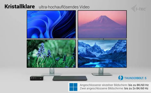 Game Changer Thunderbolt 5 Laptop Docking Station With Dual Hdmi 2.0 Ports And Quad Monitor Setup For Windows Workstations, showing four connected screens.