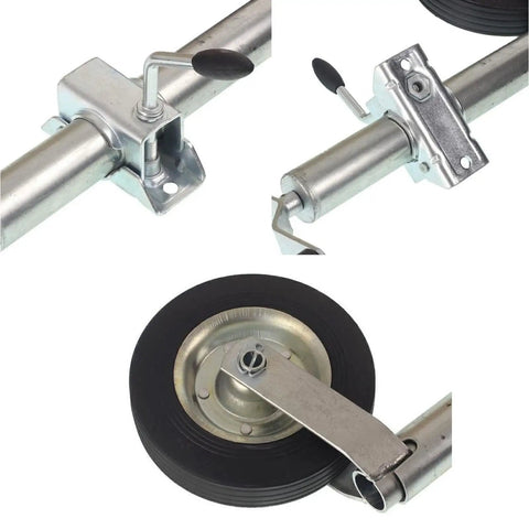Heavy Duty Swivel Trailer Jack Wheel With Foldable 48mm Stand And Rustproof Galvanized Finish For Off Road Trailers And Beach Rigs No Sweat Pipe Clamp Setup, showcasing the wheel and swivel mechanism.