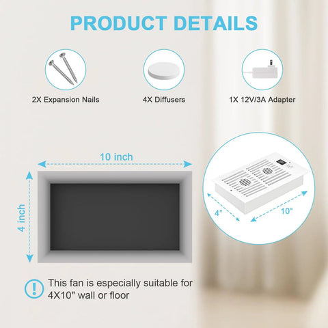 Product components and dimensions for Register Booster Fan For 4x10 Vents, 10 Speeds, LED Screen Remote, Thermostat Control