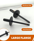 All Black Large Flange Aluminum Blind Rivets 3 16th By 1 2 Inch Open End, showing aluminum grip and steel mandrel