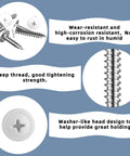 Collage image showing features of 120 Piece Size Eight White Wood Screws Set for Self Tapping and Wall Plates with Truss Screws.